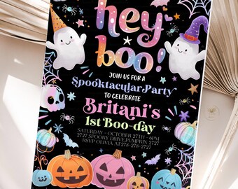 Little Boo Birthday Halloween Invitation, 1st Birthday invite  Pumpkin Editable  Printable Template BBB3