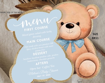 Teddy Bear Baby Shower Editable Teddy blue Bear Themed Baby Shower Invite Bear with Balloons Custom Menu Favors We Can Bearly Wait Tem TB3