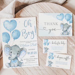 May include: A set of baby shower invitations and cards with a blue and gray elephant theme. The main invitation reads "Oh Boy!" and includes event details. Other cards say "Thank You," "Books for Baby," and "Diaper Raffle."