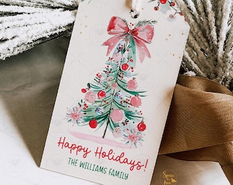 Christmas gift tags Printable Editable, Holiday Tags Cute Pink Bow Christmas tags custom Personalized Coworker Teacher Download Template GT1