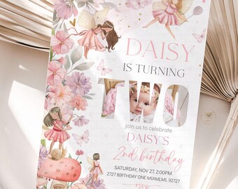 Fairy Birthday Invitation 2nd Birthday Invitation Photo Enchanted Garden Whimsical Fairy Theme Wildflower Editable Digital Template FF1