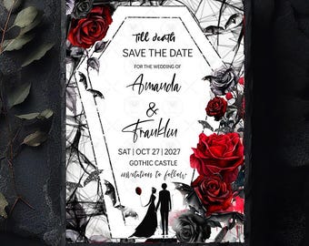 May include: A gothic-themed wedding invitation with a black and white coffin-shaped design. It features red roses, bats, and the text "Till death SAVE THE DATE" for Amanda & Franklin's wedding on October 27, 2027, at Gothic Castle.