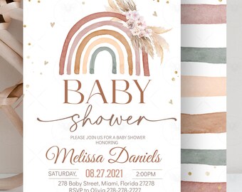 Rainbow Baby Shower Invitation, Pampas Grass Boho (EDITABLE Printable Template) RR1