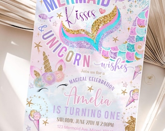 Faire-part d'anniversaire sirène licorne, invitation à une fête sous la mer (téléchargement numérique modifiable) M1
