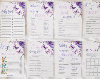 Purple Butterfly Baby Shower Games Bundle, Printable Template Instant Download BT5