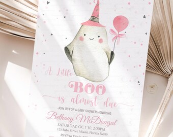 Little Boo Baby Shower Invitation, Pink Pumpkin Ghost, Girl Halloween Invite (Editable Digital Download) BBB3
