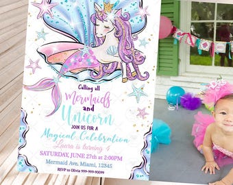 May include: A whimsical invitation featuring a mermaid-unicorn hybrid with a crown, wings, and a mermaid tail. The invitation text reads "Calling all Mermaids and Unicorns" for a "Magical Celebration" for a 4-year-old's birthday. The invitation includes the date, time, and location.