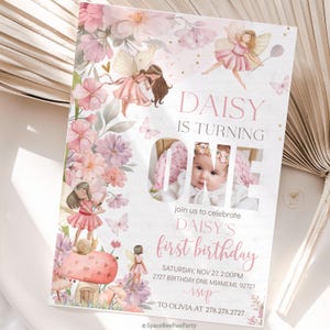 Invitación de primer cumpleaños de hadas Invitación de primer cumpleaños Foto Jardín encantado Tema de hadas caprichosas Flor silvestre Plantilla digital editable FF1