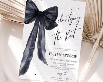 She's tying the knot Bridal shower invitation Editable Bachelorette Party Invite Black Bow Modern Brunch Printable Template Download BV1