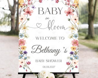 Baby in bloei Babyshower welkomstbord Tuin Wildflower Bloemen Feestborden Tuinwerf Bewerkbare afdrukbare sjabloon Digitaal L7