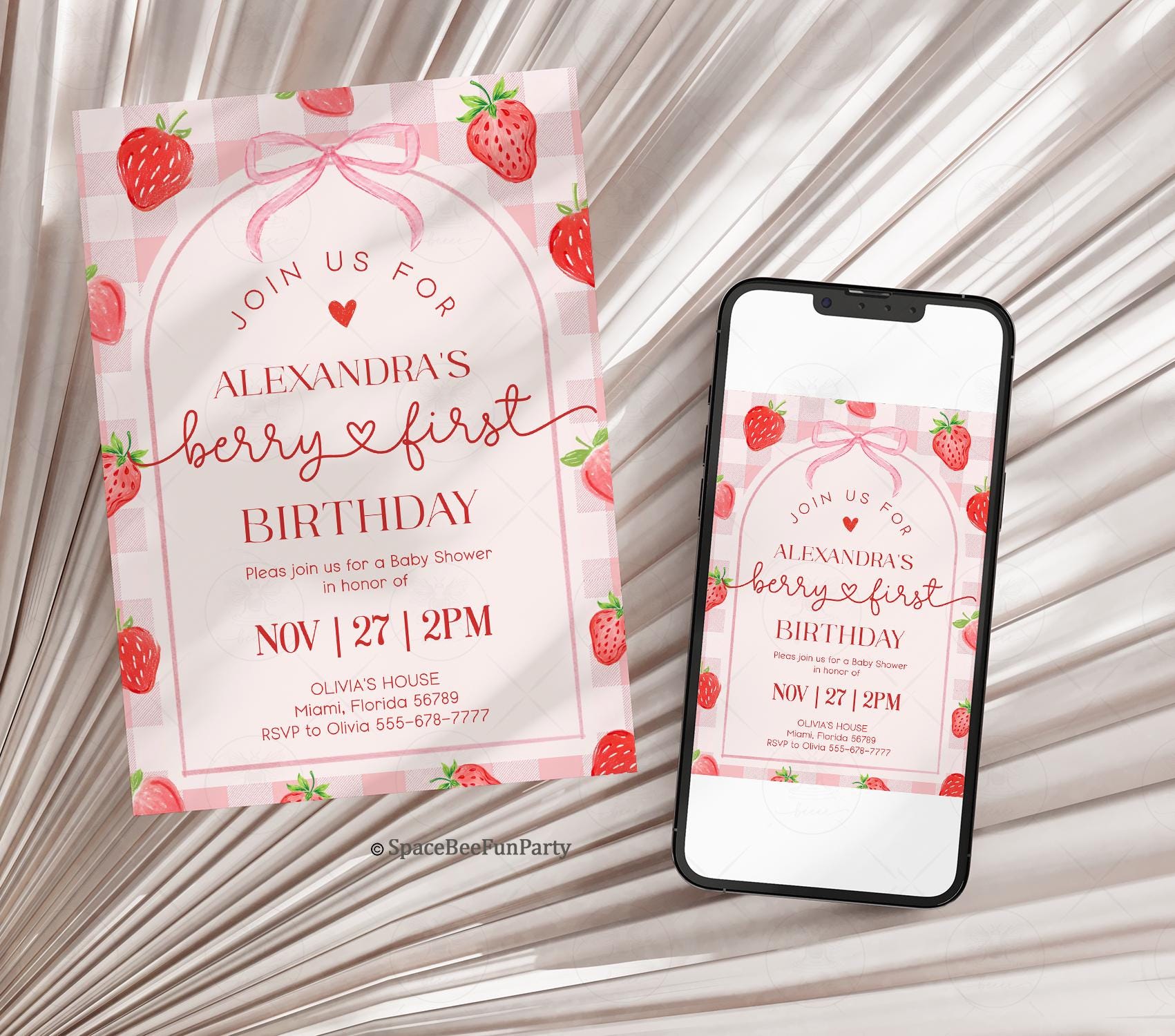 Berry First Birthday Invitation, Berry 1st Birthday Invite, Pink Red ...