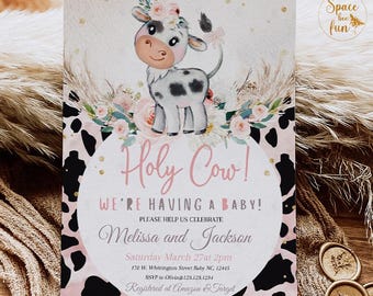 Holy Cow baby shower invitation Highland Cow Girl Boho Farm Theme Holy cow baby shower Editable Template Instant download HCB2
