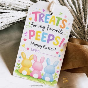 May include: A white Easter gift tag with the text "TREATS for my favourite PEEPS! Happy Easter! Love," and three cartoon bunnies in yellow, pink, and blue. The tag has a string for hanging and is decorated with hearts and flowers.