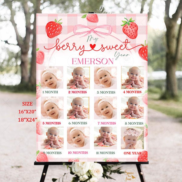 Berry First Birthday 1st Birthday Photo Poster Editable Strawberry First Year Baby Bow Milestone board Monthly Printable Template Digita BK1