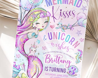 Faire-part d'anniversaire de sirène, bisous de sirène licorne souhaite un anniversaire, sous la mer piscine party (modèle modifiable en téléchargement numérique) M1