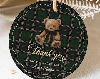 Teddy Bear Baby Shower Favors  Plaid Tartan Bear Baby Shower Thank you tags Printable Polo Bear Gift tags Favor tag Editable template PT1