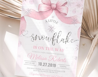 Snowflake baby shower invitation, A little snowflake is on the way, Bow Girl Winter invites, Editable Template Printable Digital Download D1