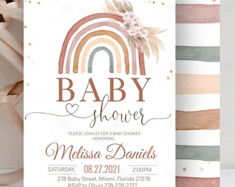 Rainbow Boho Baby Shower Invitation, Pampas Grass (Editable Printable Template) RR1