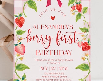 Berry First Birthday Invitation, Editable Berry 1st Birthday Invite, Bow Strawberry Party First Birthday Invite, printable download BK1
