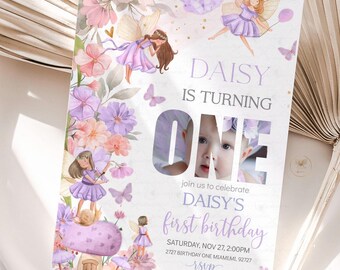 Fairy First Birthday Invitation 1st Birthday Invitation Photo Enchanted Garden Whimsical Fairy Theme Wildflower Editable Digital Templat FF1