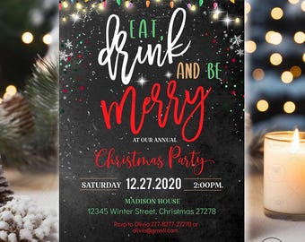 Eat Drink and Be Merry Christmas Party Invitation, Annual Holiday Party, Holiday Party Invites Editable template Instant  download XP1