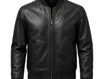 Classic Men's Handmade Sheepskin Bomber Jacket, Vintage Style Distressed Leather Motorcycle Jacket, Retro Gift