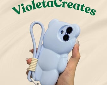 Cute 3D Bear Case for iPhone 16 15 14 13 12 Pro Max Colorful Kawaii Soft TPU Cover with Wrist Strap