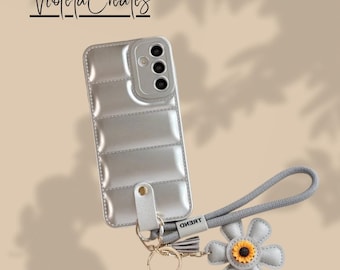 Luxury Down Jacket Phone Case with Sunflower Wrist Strap, Shockproof Soft Cover for Samsung Galaxy