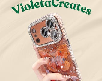 Cute Butterfly Glitters Case for iPhone 17 Pro Max, 16, 15, 14, 13 with Diamond Camera Protector