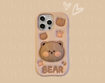 Cute Cartoon Bear Case with Holder, Kawaii Silicone Phone Cover for iPhone 16 15 14 13 12 11 Pro Max XR XS 7 8 Plus SE