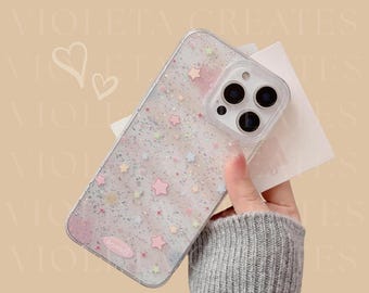 Kawaii Star Glitter Case for iPhone 16 15 14 13 12 11 Pro Max Cute Transparent Case for Girls