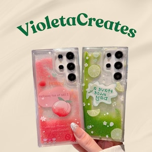 May include: Two clear phone cases with vibrant designs. One case has a peach design with the text "I like to eat peaches". The other case features a lime design with the text "Have a nice day".