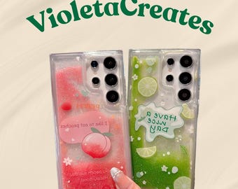 Quicksand Glitter Floating Lemon Peach Samsung Case, Liquid Moving Pink Green Sand TPU Cover