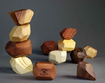 Wood balancing blocks, wooden building stones, Tumi Ishi blocks, Montessori toy, Baby Building Block Set of 7, Stacking toy, Family game