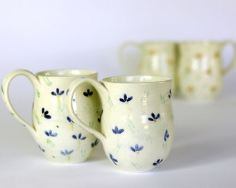 Ceramic cups set of 2,  white pottery cups with hand painted blue flowers, coffee lovers gift, Stoneware Set, wheel thrown cups