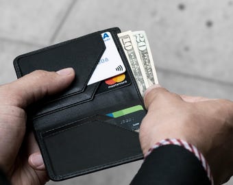 W01 - Minimal Slim Bifold Leather Wallet with Custom Name Embossing for Gift