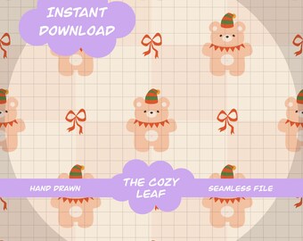 May include: A repeating pattern of cartoon teddy bears wearing hats and bows. The bears are light brown with red details. The image also includes the text "INSTANT DOWNLOAD", "HAND DRAWN", "THE COZY LEAF", and "SEAMLESS FILE".