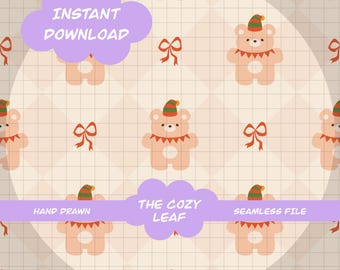 May include: A repeating pattern of peach-coloured teddy bear illustrations wearing hats and bows, set against a light beige grid. The image includes text that reads "Instant Download", "Hand Drawn", "The Cozy Leaf", and "Seamless File".