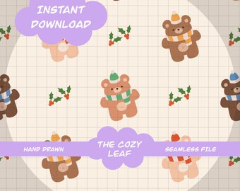 May include: A repeating pattern of cartoon teddy bears wearing scarves and hats, with holly sprigs on a grid background. Text includes "Instant Download", "Hand Drawn", "The Cozy Leaf", and "Seamless File".