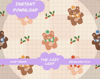 May include: A repeating pattern of cartoon bears wearing scarves and hats, with holly sprigs on a grid background. The text "INSTANT DOWNLOAD", "HAND DRAWN", "THE COZY LEAF", and "SEAMLESS FILE" are also present.