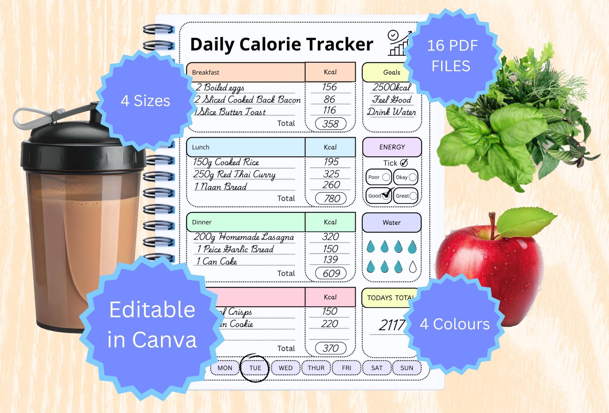 Daily Food Journal | Calorie Tracker, A4 A5 US Letter (printable PDF ...