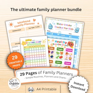 Op de afbeelding: Een bundel afdrukbare gezinsplanners, waaronder een weekendplanner, een kinderbeloningstabel, een waterinname-tracker en een gezonde snacktabel. De bundel bevat 29 pagina's en is A4-afdrukbaar.