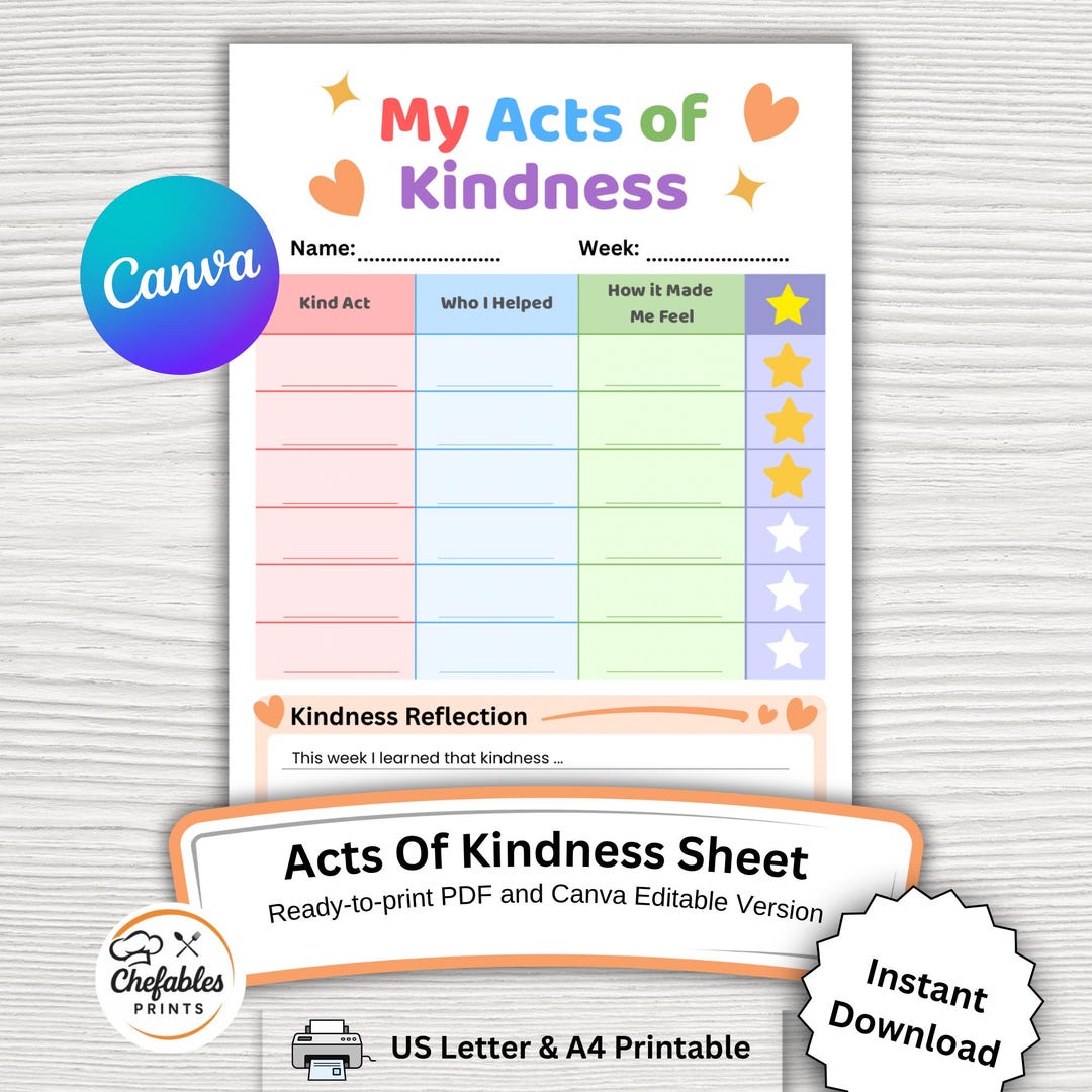 Acts of Kindness Tracker Printable | Kids Routine Chart | Colourful ...
