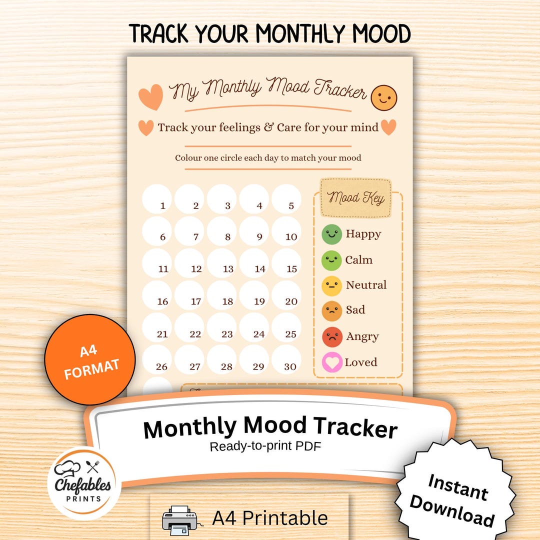 Printable Monthly Mood Tracker | A4 Self-care Planner PDF | Track Daily ...