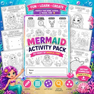 Könnte beinhalten: Ein Meerjungfrau-Aktivitätspaket mit dem Titel "Mermaid Activity Pack" und dem Text "20 Seiten magischer Spaß!" Das Paket enthält Labyrinthe, Ausmalbilder und Punkt-zu-Punkt-Aktivitäten. Das Cover zeigt eine Meerjungfrau-Illustration.