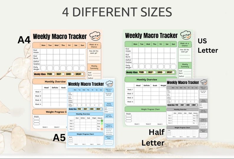 Weekly Macro Tracker Printable PDF + Canva Template (4 Colours) | A4 A5 ...