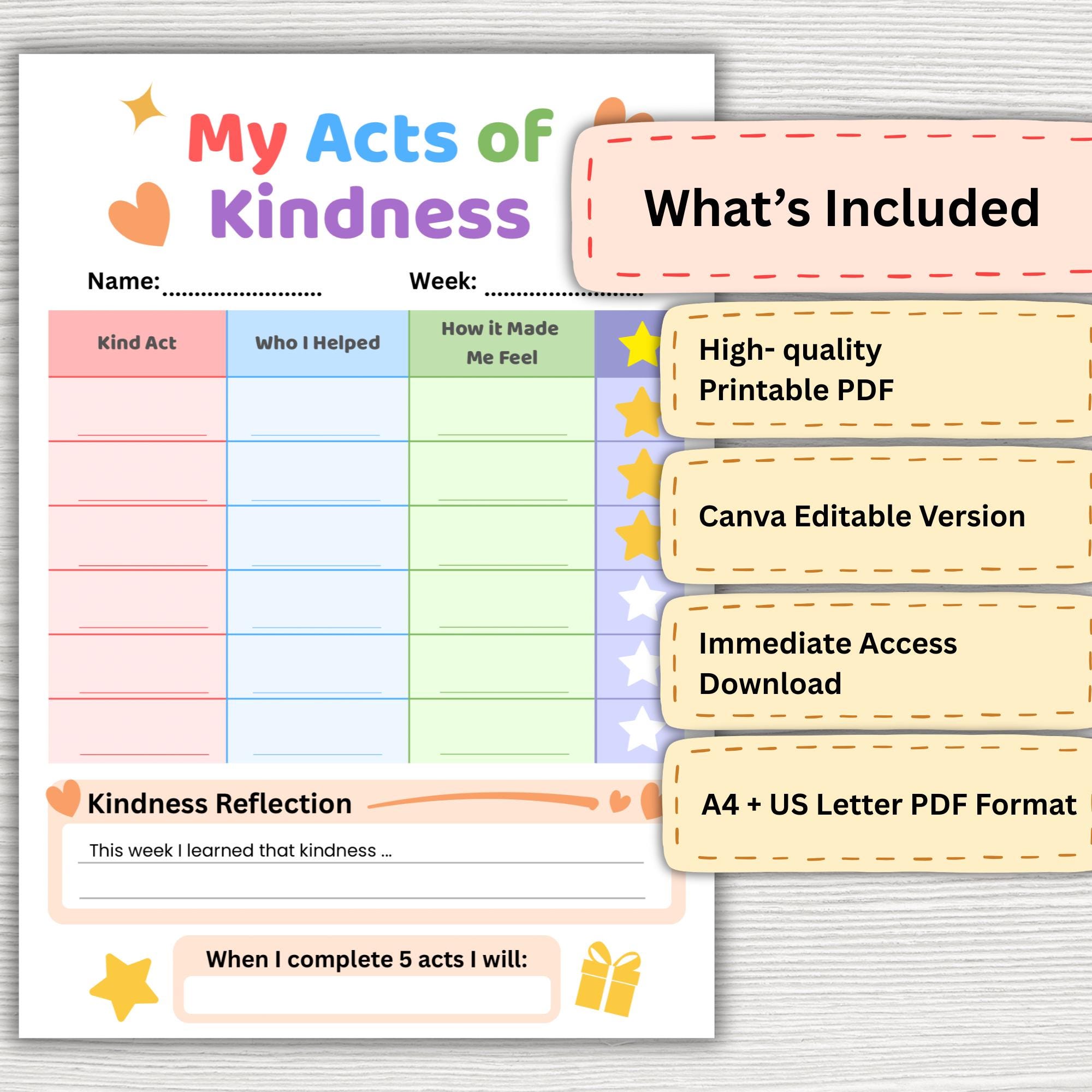 Acts of Kindness Tracker Printable | Kids Routine Chart | Colourful ...