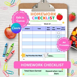 Pode incluir: Uma lista de verificação de tarefas com as palavras "Homework Checklist" em laranja e verde. A lista de verificação inclui seções para assunto, tarefa, data de vencimento, tempo estimado e estrelas ganhas. Existem também gráficos Canva rosa e azul e uma maçã vermelha.