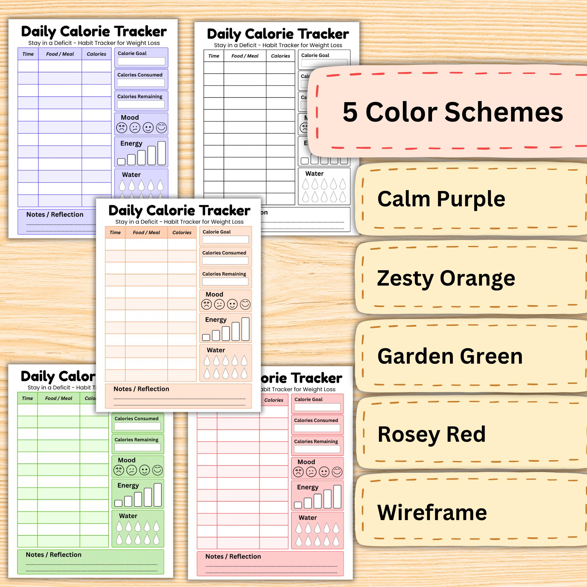 Printable Calorie Tracker PDF Chart, Daily Mood Water Notes Planner ...