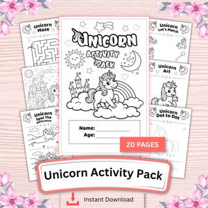 Puede incluir: Un paquete de actividades de unicornio en blanco y negro con 20 páginas. La portada presenta un unicornio, un arcoíris, un castillo, un sol y una luna. El paquete incluye laberintos, juegos de emparejamiento, arte y actividades de unir los puntos. Se muestra el texto "Unicorn Activity Pack".